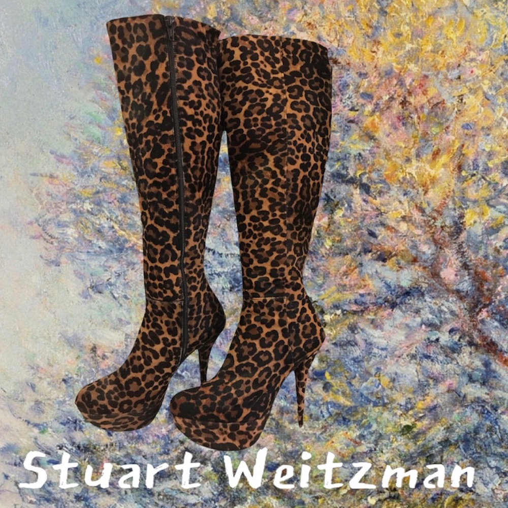 Stuart Weitzman 5” Stiletto Platform Boots Leopard